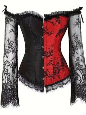 Black & Red Lace Corset W Lace Sleeves Harlequin Gothic Renn Style